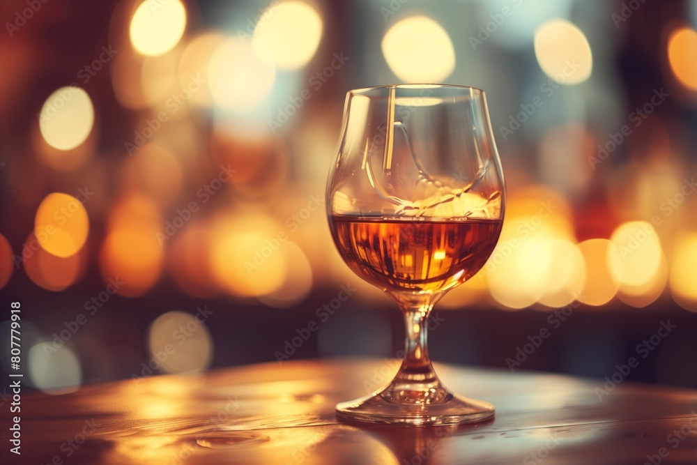 Elegant glass of brandy, cognac illuminated by warm, ambient light that creates cozy, inviting atmosphere. Reflections, bokeh effect in background add to sophisticated, relaxing mood themes of luxury Elegant glass of brandy, cognac illuminated by warm, ambient light that creates cozy, inviting atmosphere. Reflections, bokeh effect in background add to sophisticated, relaxing mood themes of luxury
