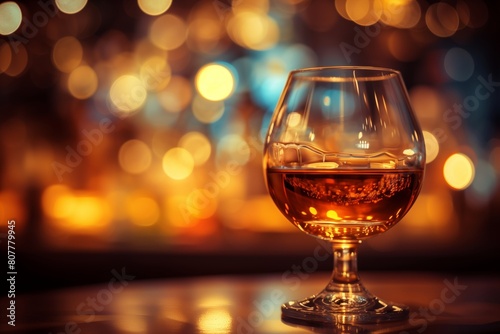 Elegant glass of brandy, cognac illuminated by warm, ambient light that creates cozy, inviting atmosphere. Reflections, bokeh effect in background add to sophisticated, relaxing mood themes of luxury