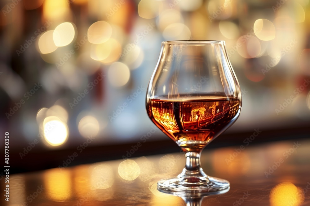 Elegant glass of brandy, cognac illuminated by warm, ambient light that creates cozy, inviting atmosphere. Reflections, bokeh effect in background add to sophisticated, relaxing mood themes of luxury
