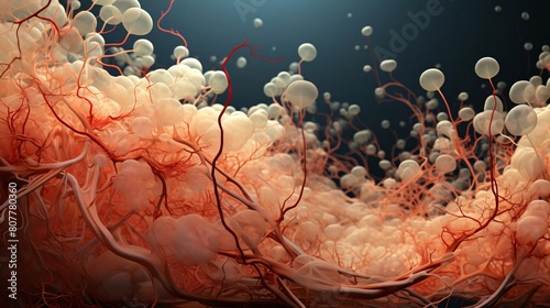 A network of blood vessels with red and white blood cells flowing through them