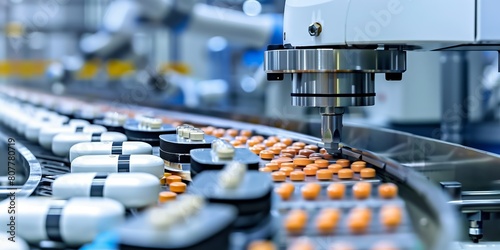 Precision machinery filling pharmaceuticals into containers on production line. photo