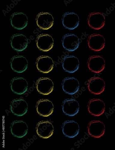 Illustration depicting a children's game twister, with colored circles drawn with crayons on a black background