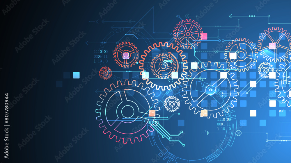 Obraz premium Gear wheel technology pattern on gradient background. Hand drawn vector.