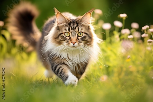 Environmental portrait photography of a curious norwegian forest cat sprinting while standing against pastel or soft colors background © Markus Schröder