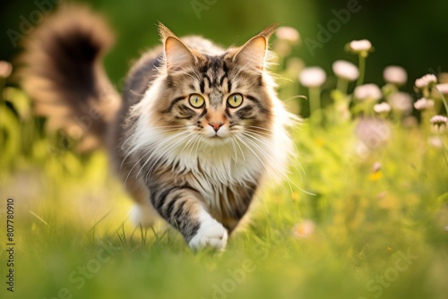 Environmental portrait photography of a curious norwegian forest cat sprinting while standing against pastel or soft colors background