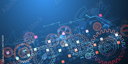 Gear wheel technology pattern on gradient background. Hand drawn vector.