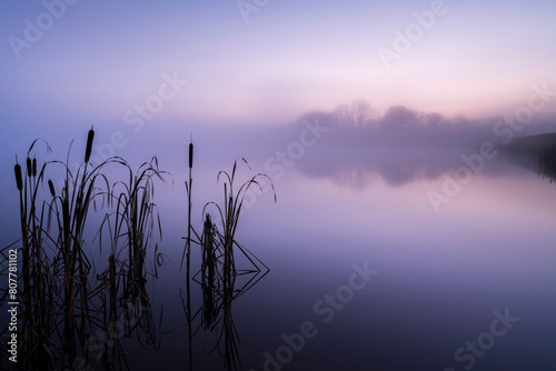 Reedmace (Typha latifolia) silhouetted and reflected in lake at dawn. Lower Tamar Lakes, Cornwall, England, UK. November 2020.  photo