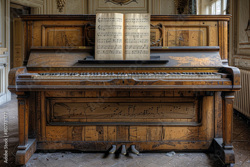 A single sheet of music rests on a piano in an empty music room, its notes silent and unheard in the absence of a player. photo