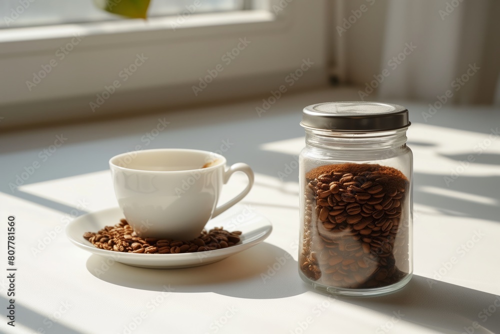 Peaceful morning scene featuring .glass jar filled with ground coffee, white coffee cup on sunlit table. Play of light, shadows adds dynamic yet tranquil quality to the composition, Morning routines Peaceful morning scene featuring .glass jar filled with ground coffee, white coffee cup on sunlit table. Play of light, shadows adds dynamic yet tranquil quality to the composition, Morning routines