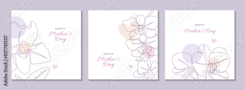 Happy Mother's Day elegant cards set with orchid flowers, circles and hearts. Minimalistic one line vector illustration for floral greeting banner design