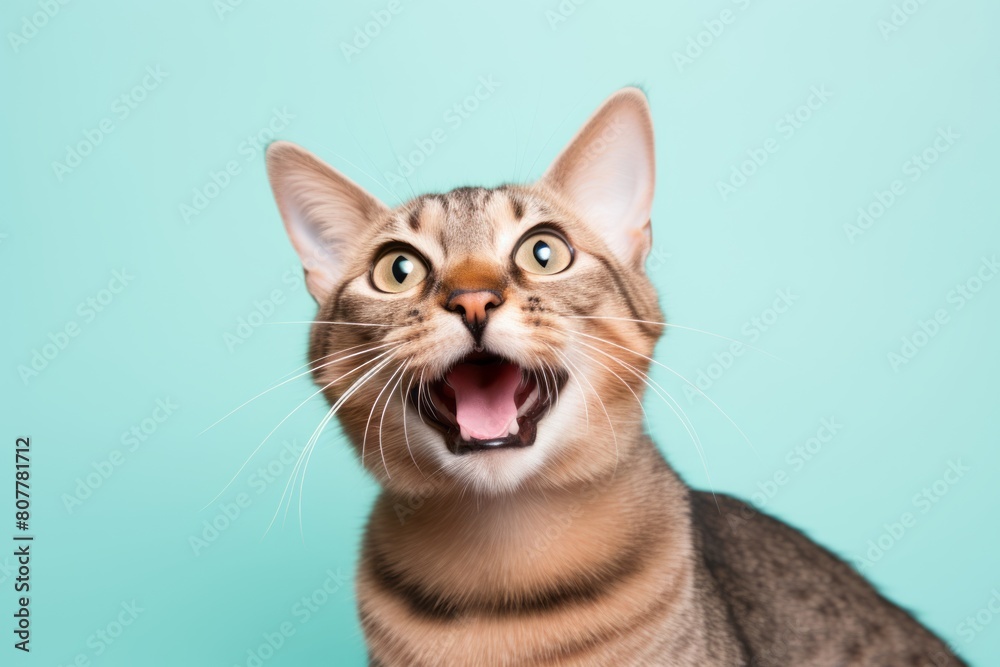 Lifestyle portrait photography of a smiling havana brown cat meowing while standing against pastel or soft colors background