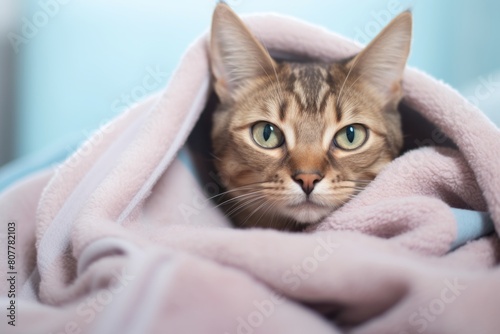 Lifestyle portrait photography of a funny havana brown cat kneading a blanket in front of pastel or soft colors background © Markus Schröder