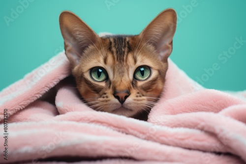 Lifestyle portrait photography of a funny havana brown cat kneading a blanket isolated in pastel or soft colors background © Markus Schröder