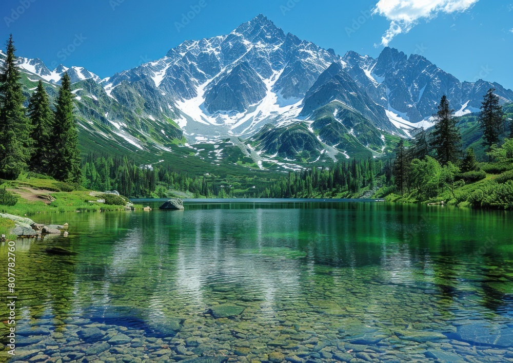 Towering mountain range with a serene lake in the foreground