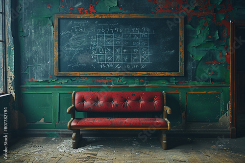 A chalkboard with a complex math problem left unsolved. photo