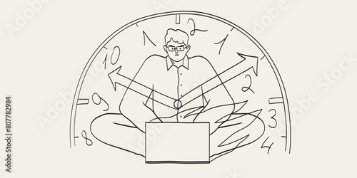 Employee or manager working on laptop. Time management, deadline or work organisation concept. Workflow metaphor, clock and male businessman in office focused on project. Line vector illustration.