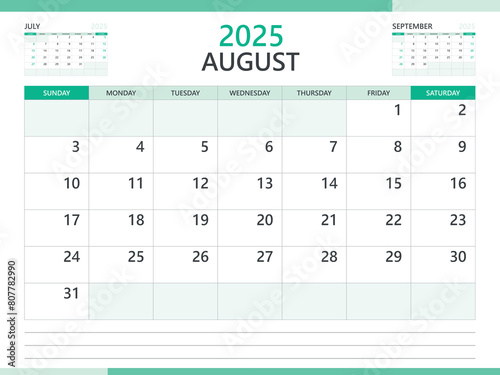 Calendar 2025 template vector on green background, August 2025 template, Planner, week start on Sunday,  Desk calendar 2025 design, minimal wall calendar, Corporate planner template vector