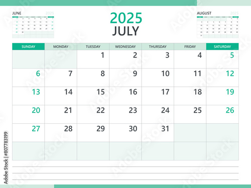 Calendar 2025 template vector on green background, July 2025 template, Planner, week start on Sunday,  Desk calendar 2025 design, minimal wall calendar, Corporate planner template vector