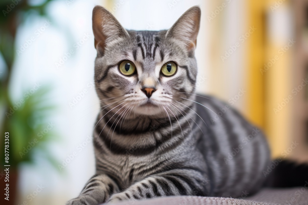 Headshot portrait photography of a cute american shorthair cat grooming in cozy living room background
