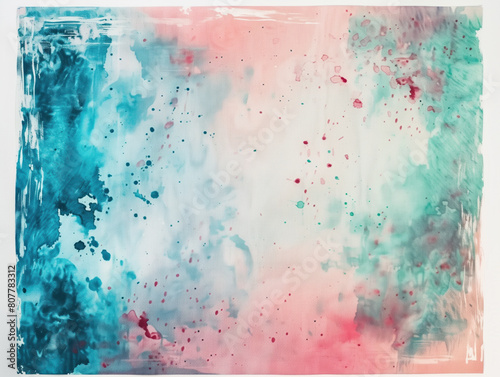 Watercolor canvas painted with teal and pink splatter backdrop, featuring a rustic cloth template with ethnic adornment in wash paint craft. photo
