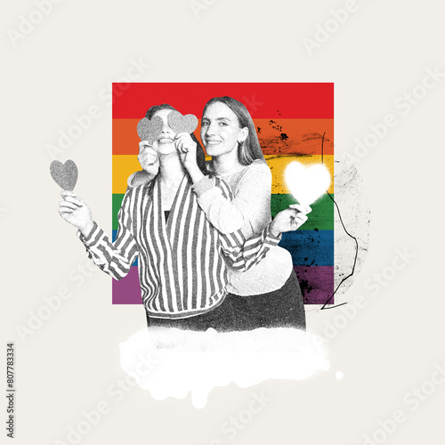 Young smiling girl covering eyes of her girlfriend, surprising her. Celebration of love. Contemporary art collage. Concept of LGBT, equality, pride month, support, love, human rights, event
