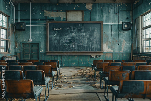 A dusty chalkboard with a single unsolved math problem written on it dominates the front of an empty classroom. photo