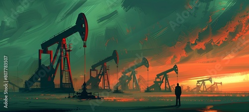 An oil worker stands among the jacks of oil pumps. Oil industry, crude oil price concept photo