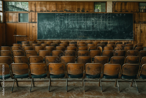 A dusty chalkboard with a single unsolved math problem written on it dominates the front of an empty classroom.