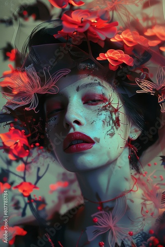 Surreal digital art of a woman adorned with vibrant red flowers and dreamlike effects