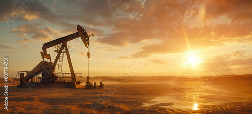An oil pump in the desert during the golden hour photo