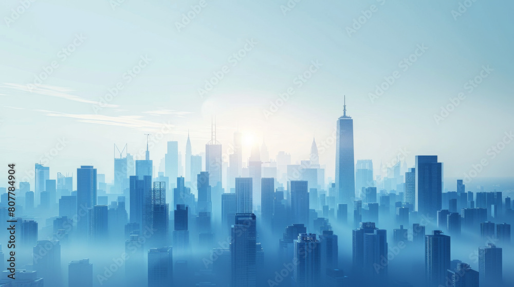 A cityscape with skyscrapers enveloped in mist, presenting a mysterious and futuristic atmosphere.