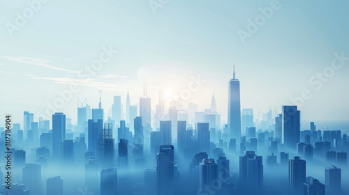A cityscape with skyscrapers enveloped in mist  presenting a mysterious and futuristic atmosphere.