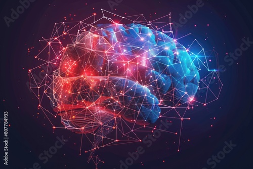 Low-poly brain diagram featuring futuristic elements. Generative Ai