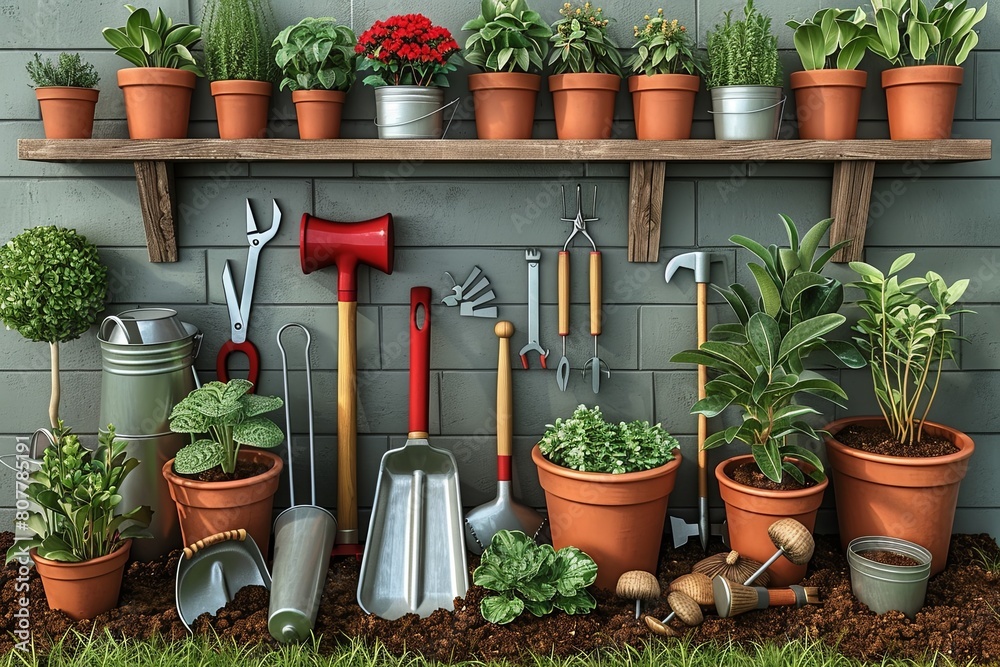 Realistic 3D Gardening Tools Icons Set on Grass and Dirt Background Realistic 3D Gardening Tools Icons Set on Grass and Dirt Background
