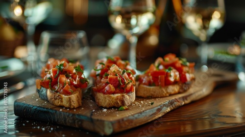 Small Italian appetizers arranged on a cutting board  with wine glasses in the background