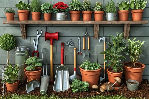 Realistic 3D Gardening Tools Icons Set on Grass and Dirt Background