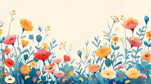 Illustration of vibrant and colorful wildflowers spread across a plain white background, ideal for decor and textiles. © khonkangrua