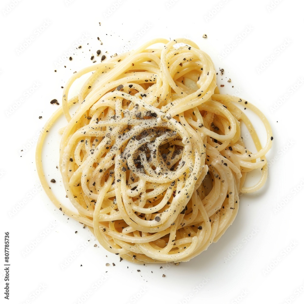 A white plate topped with pasta covered in a generous amount of pepper seasoning A white plate topped with pasta covered in a generous amount of pepper seasoning