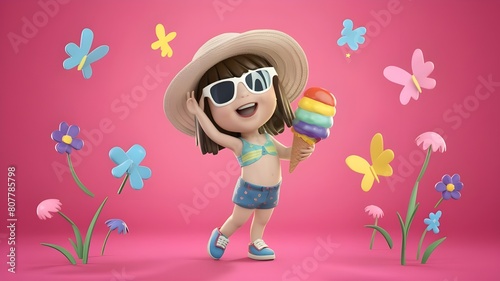 3d cute girl holding ice cream in summer clothes.