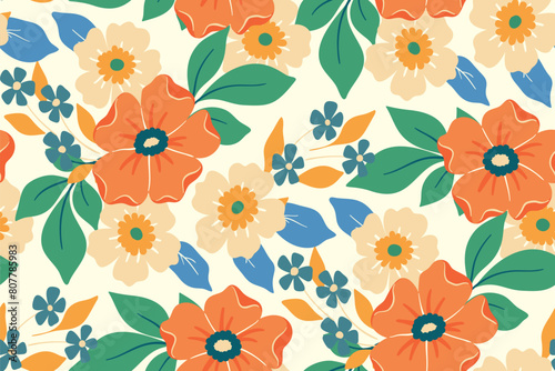 Creative seamless floral pattern: colorful blossoms, leaves for spring and summer designs in fashion, textiles, wallpapers. Abstract ditsy print of large decorative daisy flowers. Vector illustration. © Yulya i Kot