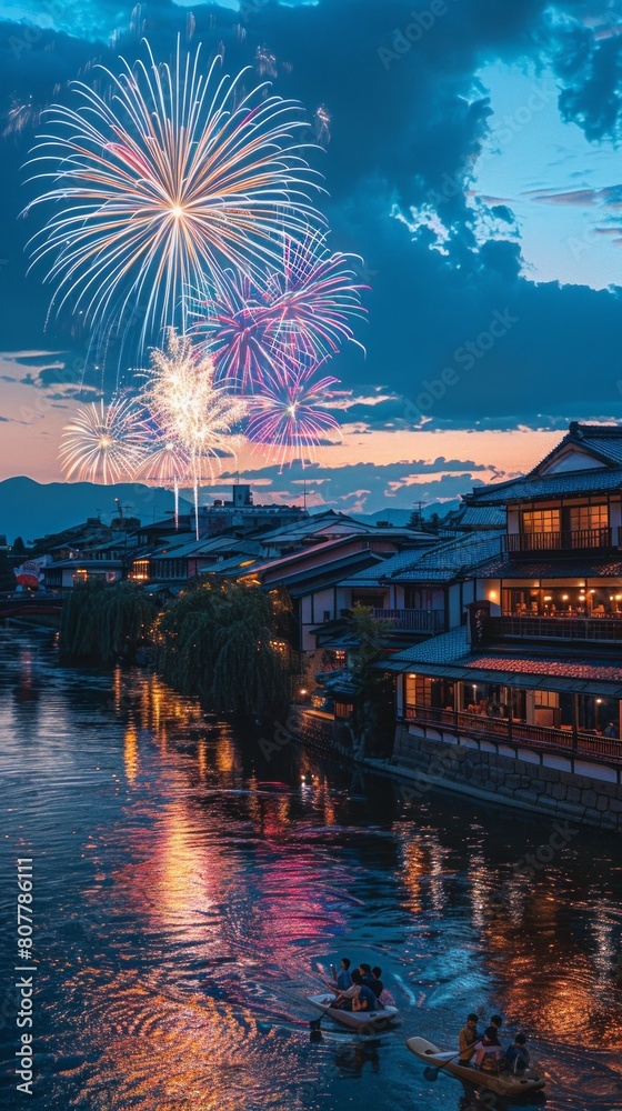Obraz premium Vibrant fireworks display above a traditional riverside town with onlookers in boats, reflecting culture and festivity.