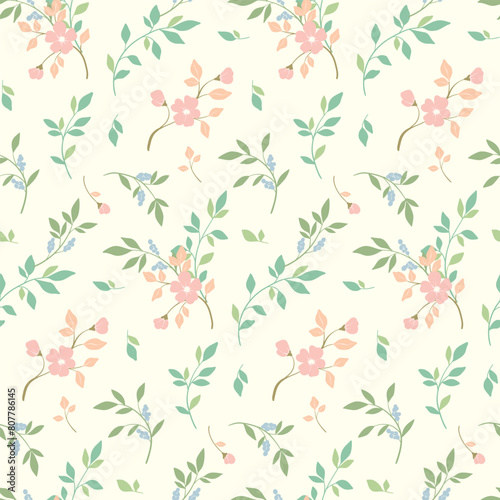 Seamless floral pattern  delicate abstract nature ornament for wallpaper  fashion textile print. Vector botanical design in pastel colors  small hand drawn flowers branches  leaves on white background