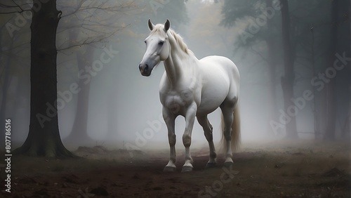 Majestic White Horse: Frontal Portrait with Hazy Background