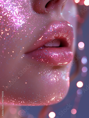 Close-up of shimmering lips and glittered skin.