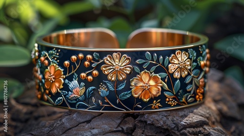 A stylish illustration of a chic cuff bracelet adorned with intricate botanical motifs and delicate details photo