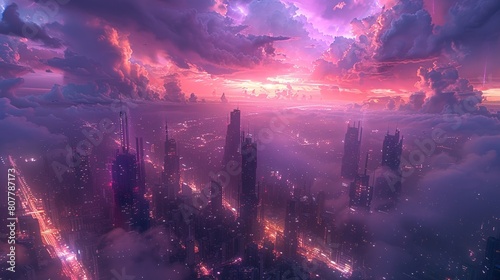 A futuristic cityscape with towering buildings overlooking a purple thunderstorm, where a robot patrols the streets below