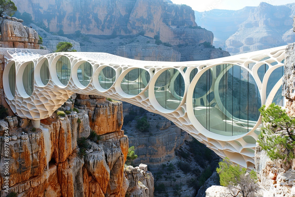 Fototapeta premium Dragon's Grace: A Majestic Bridge Soaring Across a Grand Canyon
