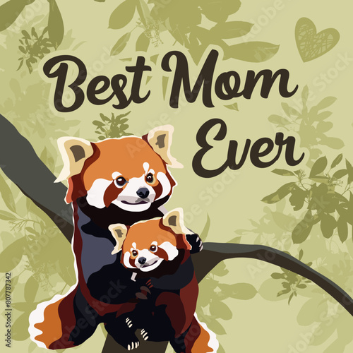 cute red panda mom and child mother's day illustration
