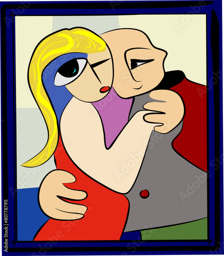 A stylized depiction of two figures embracing The characters have simplified features, with the one wearing a red garment having blonde hair and blu eye