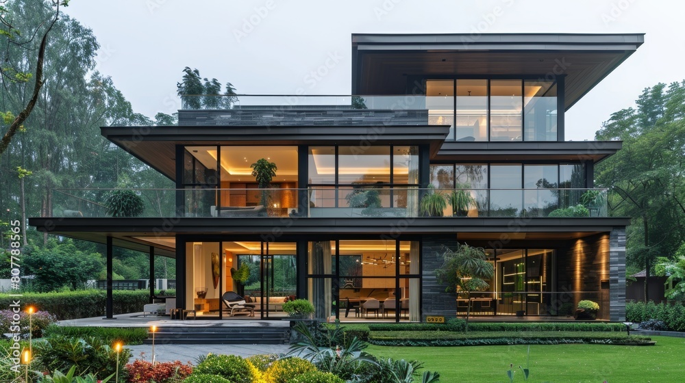 Fototapeta premium Modern luxury minimalist cubic house, villa with glass walls and landscaping design front yard. Residential architecture exterior. 4K HD Wallpaper